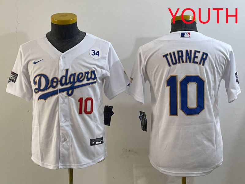 Youth Los Angeles Dodgers #10 Turner White Gold Game 2025 Nike MLB Jersey style 3